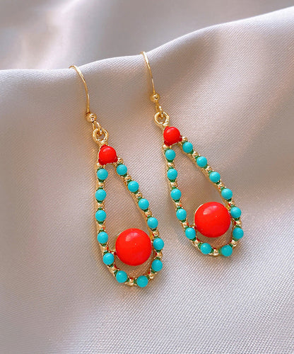 Fashion Colorblock Sterling Silver Overgild Inlaid Turquoise Agate Water Drop Drop Earrings ZZ010