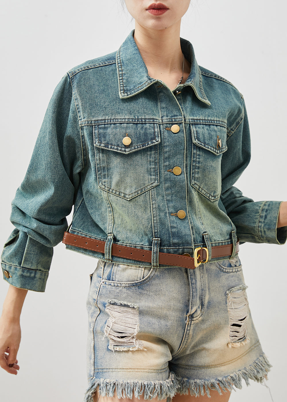 Mode Denim Blau Mit Gürtel Kurze Mäntel Frühling YU1061