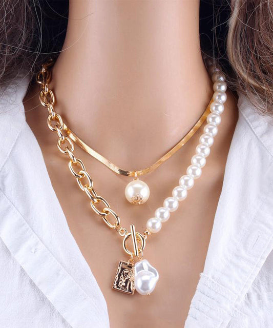 Chaîne de perles en métal doré pour femme, collier baroque tendance