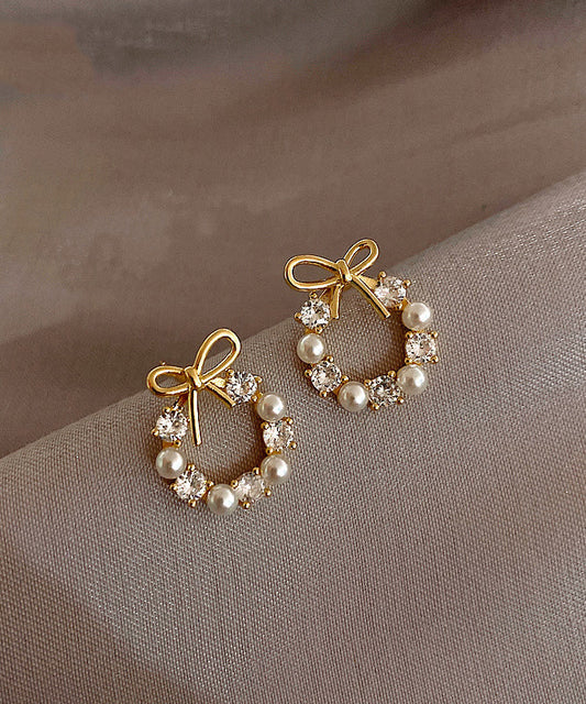 Fashion Gold Copper Alloy Pearl Bow Stud Earrings WP007