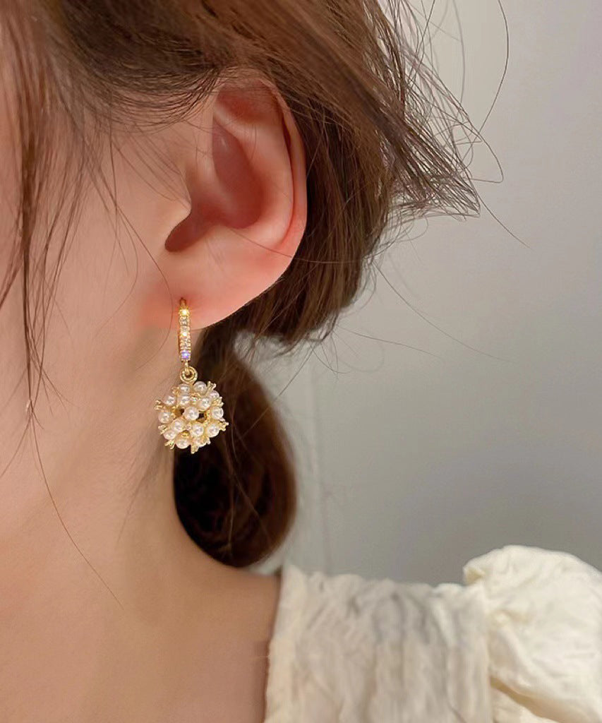 Pearl Gold Overgild Drop Earrings Fashion Zircon Spherical Copper