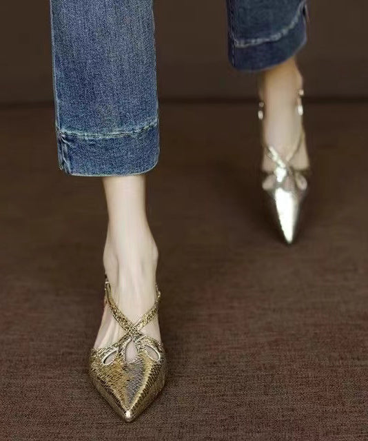 Fashion Gold Splicing Sandals Faux Leather Pointed Toe AP1008