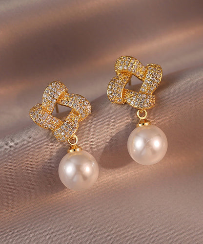 Fashion Gold Sterling Silver Alloy Zircon Pearl Square Drop Earrings RA004