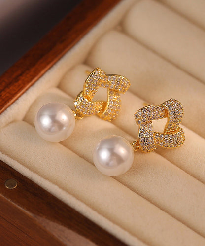 Fashion Gold Sterling Silver Alloy Zircon Pearl Square Drop Earrings RA004