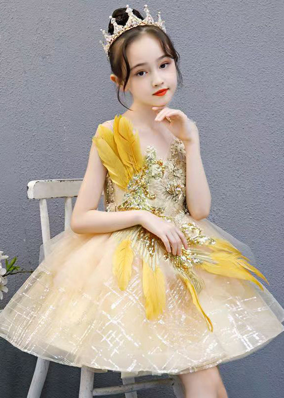 Fashion Gold V Neck Lace Patchwork Tulle Girls Mid Dress Sleeveless QV006