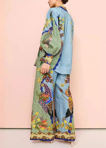 Green Shirts Fashion Print And Leg Peter Pants Wide Pan Collar