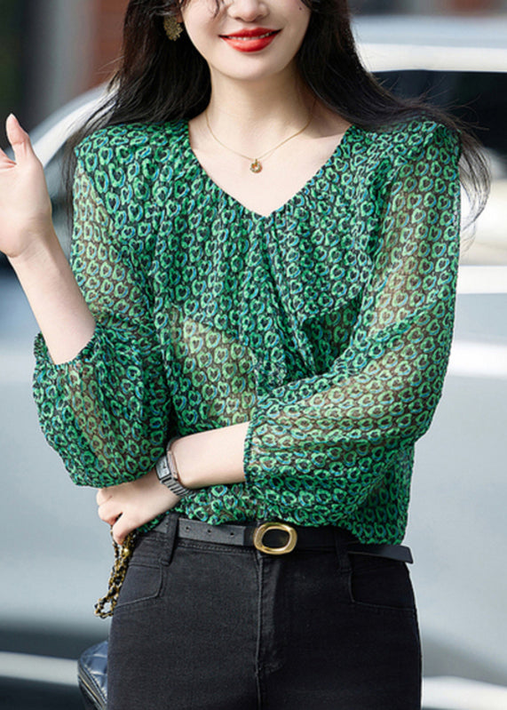 Fashion Green Ruffled Print Chiffon Top Bracelet Sleeve WW017