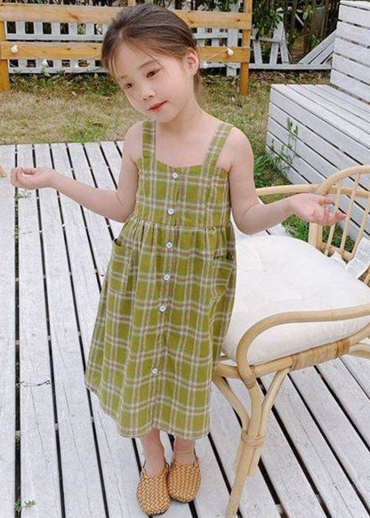 Robe longue à carreaux à col carré vert tendance pour filles, sans manches, avec boutons, GF011