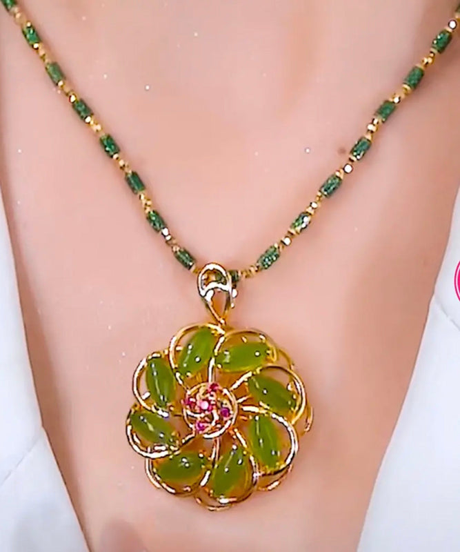 Collier pendentif floral incrusté en argent sterling vert tendance YA049