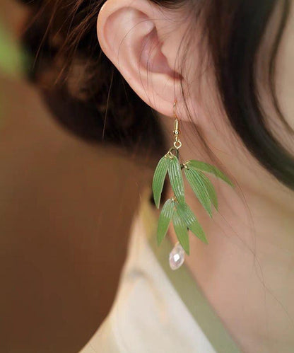 Fashion Green Sterling Silver Overgild Pearl Bamboo Leaf Drop Earrings ZZ085