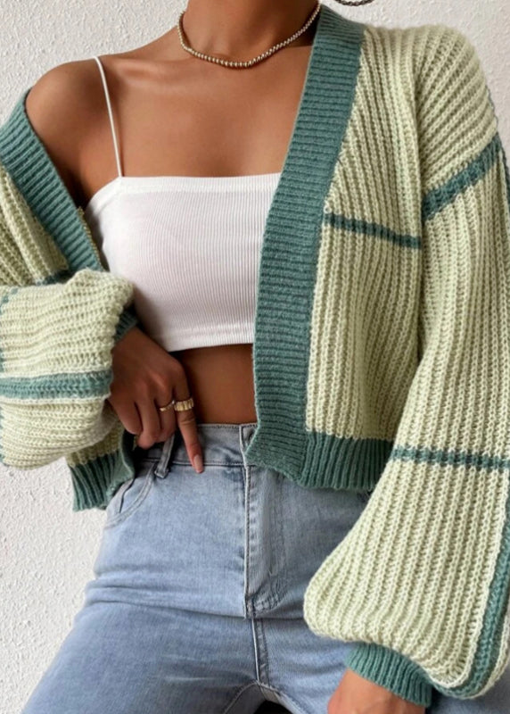 Fashion Green Striped Knit Short Cardigan Fall QY013