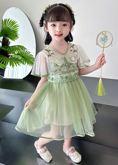 Robe longue en tulle brodée à col en V vert tendance pour filles, été MN031