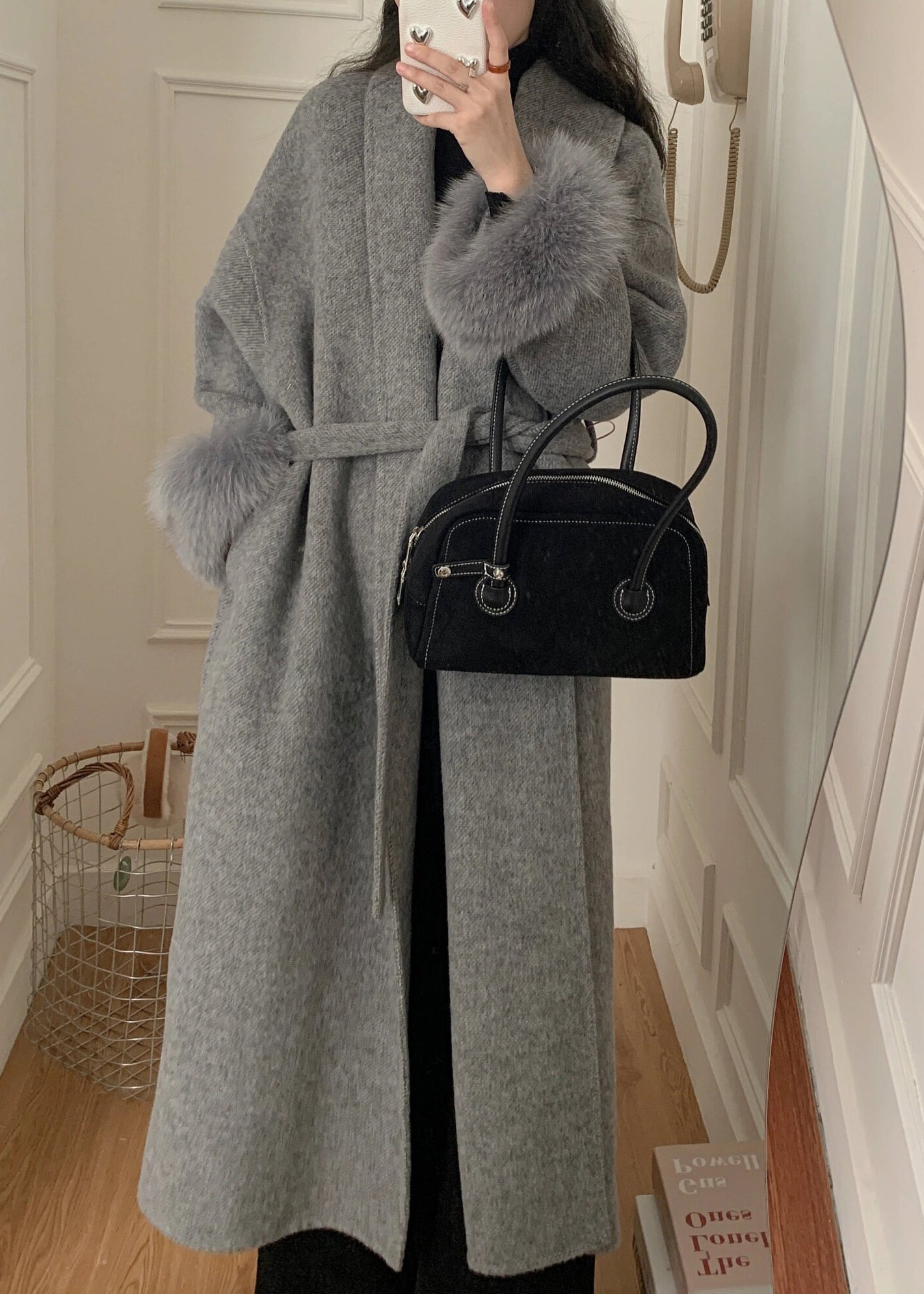 Fashion Grey Fox Fur Patchwork Woolen Duster Coat Winter RS043