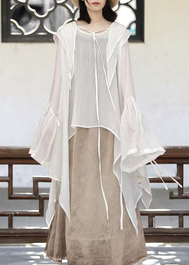 Fashion Khaki Asymmetrical Lace Up Cotton UPF 50+ Shirt Flare Sleeve LK020