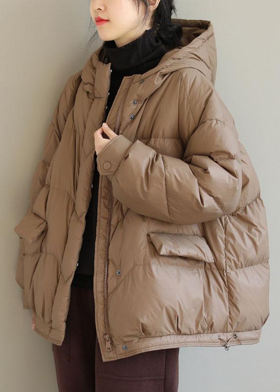 Fashion Khaki Hooded Zippered Pockets Winter Down Coat Long sleeve QS036