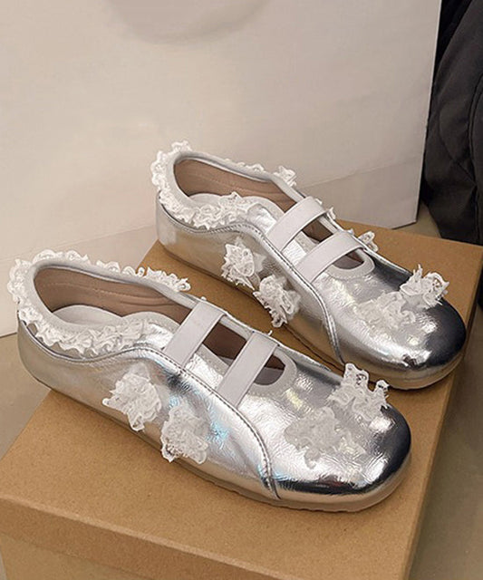 Silber Schuhe Mode Spitze Spleißen Flache Kunstleder