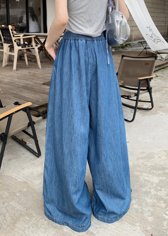 Pants Denim Summer Leg Navy Wide Waist Elastic Fashion