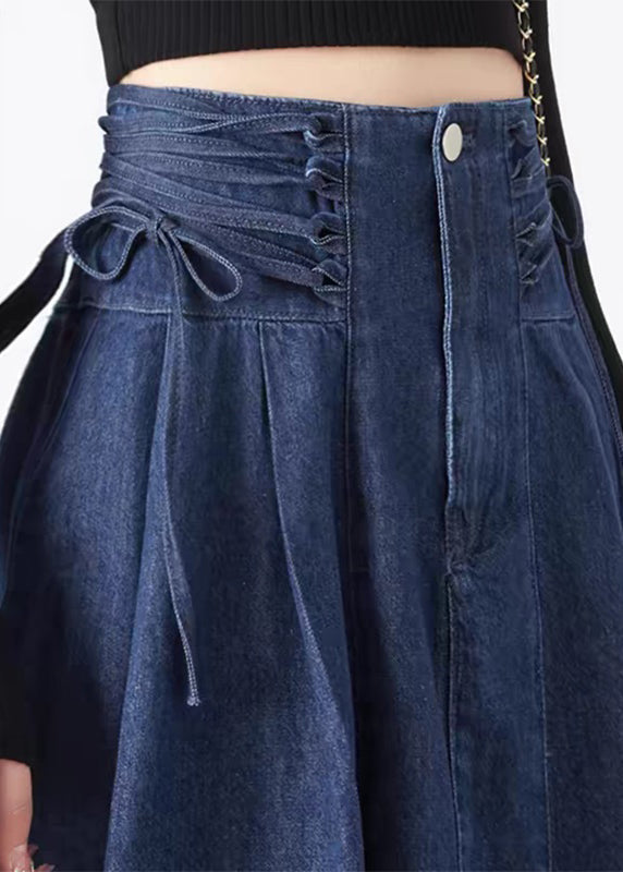 Maxi Spring Skirts Navy Fashion Patchwork Tie Waist Denim