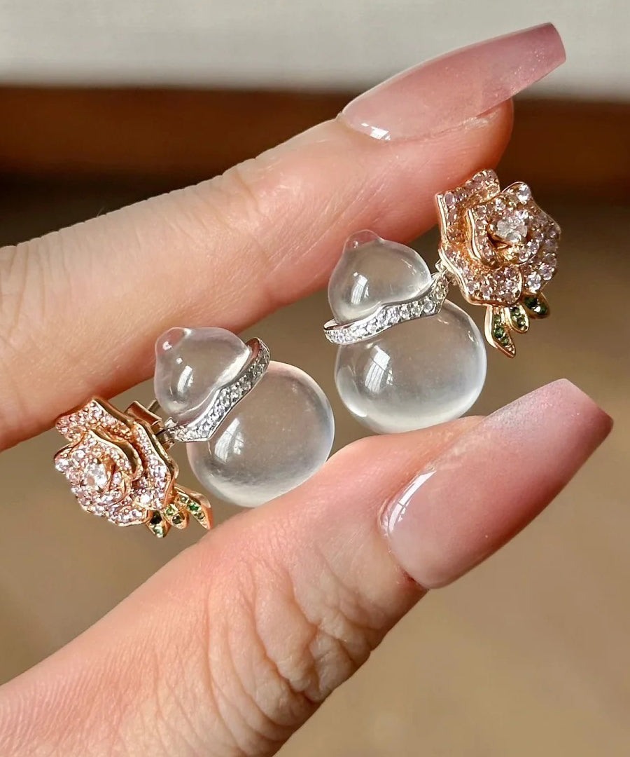 Fashion Nude Alloy Zircon Chalcedony Gourd Floral Stud Earrings II054