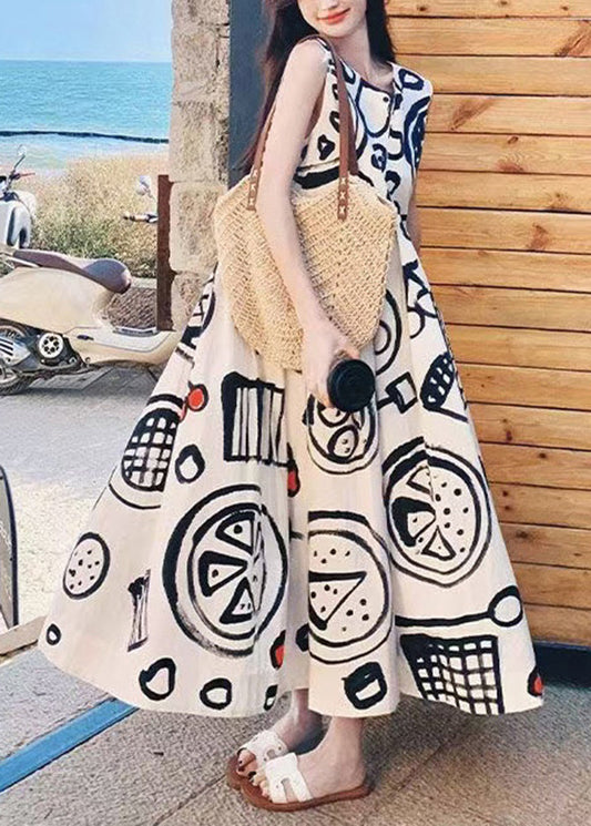 Graffiti Kleid Hals O Mode Ärmellos Baumwolle Print Lange