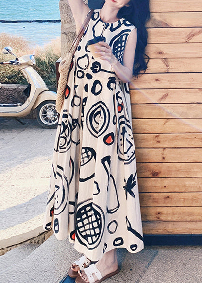 Graffiti Kleid Hals O Mode Ärmellos Baumwolle Print Lange