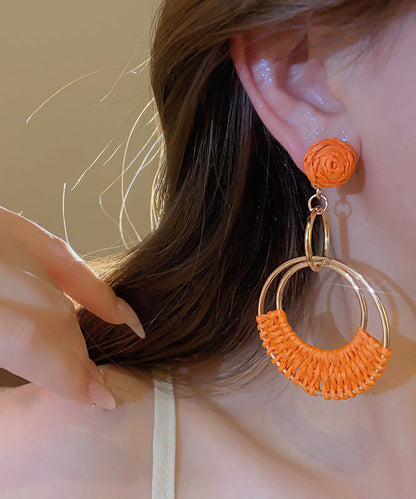 Boucles d'oreilles pendantes en alliage d'argent sterling orange tendance en paille tressée AB1084