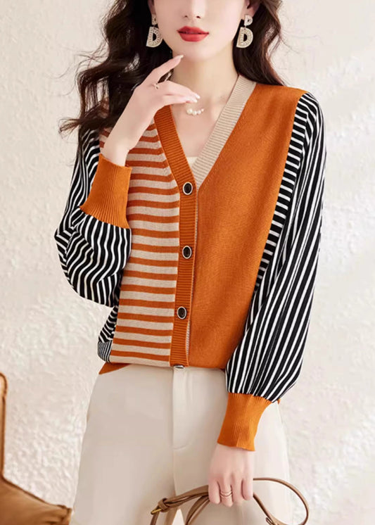 Mode Orange V-Ausschnitt Gestreiften Knopf Wollpullover Frühling TF045