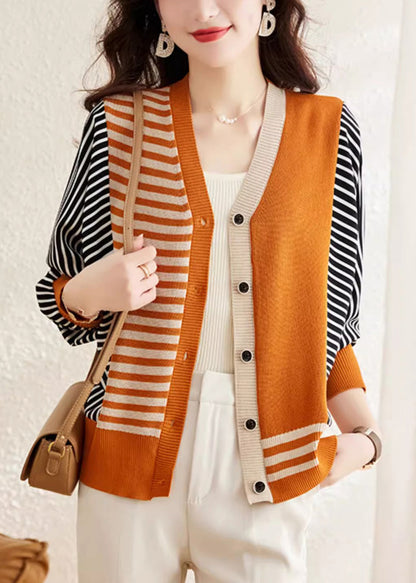 Mode Orange V-Ausschnitt Gestreiften Knopf Wollpullover Frühling TF045