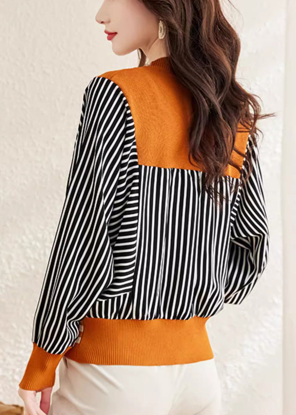 Mode Orange V-Ausschnitt Gestreiften Knopf Wollpullover Frühling TF045