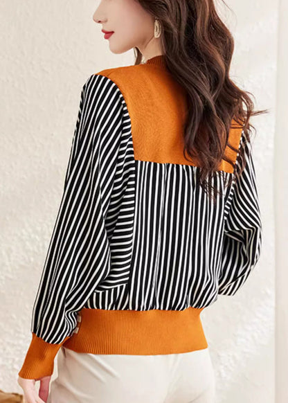 Mode Orange V-Ausschnitt Gestreiften Knopf Wollpullover Frühling TF045