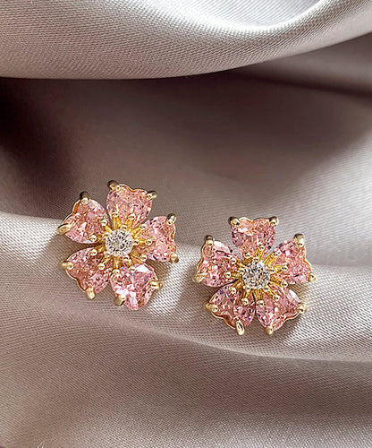 Boucles d'oreilles à tige en alliage de cuivre rose et zircon à motif floral WH029