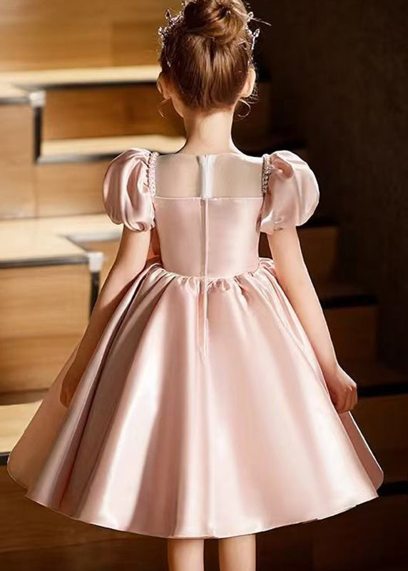 Fashion Pink O-Neck Bow Girls Silk Mid Dresses Puff Sleeve QV012