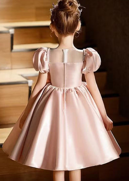 Robe mi-longue en soie rose à col rond et nœud pour filles, manches bouffantes, QV012