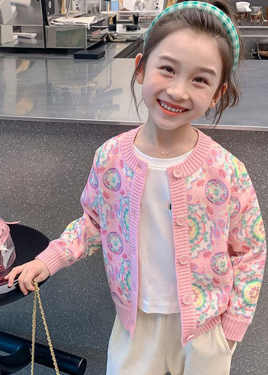 Cardigan en tricot de coton à boutons imprimé rose tendance pour enfants, printemps TP032