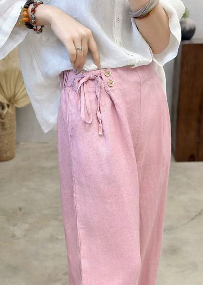 Fashion Pink Pants Linen Waist Summer Side Tie