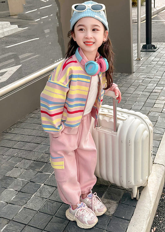 Fashion Pink Striped Zippered Kids Top And Pants Two Pieces Set Spring TR022