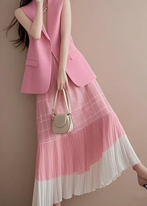Pieces Pink Skirts Two And V Fashion Neck Waistcoat Set Wrinkled