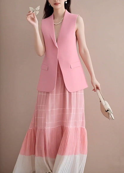 Pieces Pink Skirts Two And V Fashion Neck Waistcoat Set Wrinkled