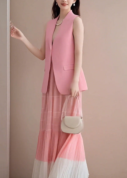 Pieces Pink Skirts Two And V Fashion Neck Waistcoat Set Wrinkled
