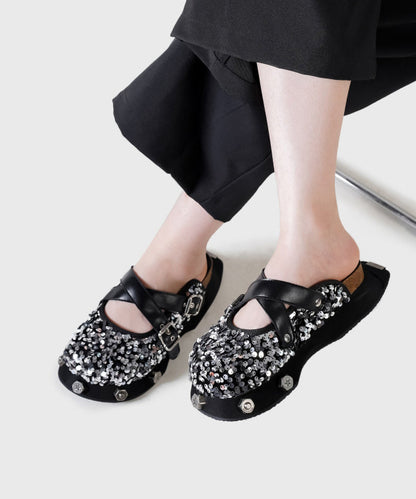 Sandales à plateforme tendance en cuir de vachette noir à paillettes DD1013