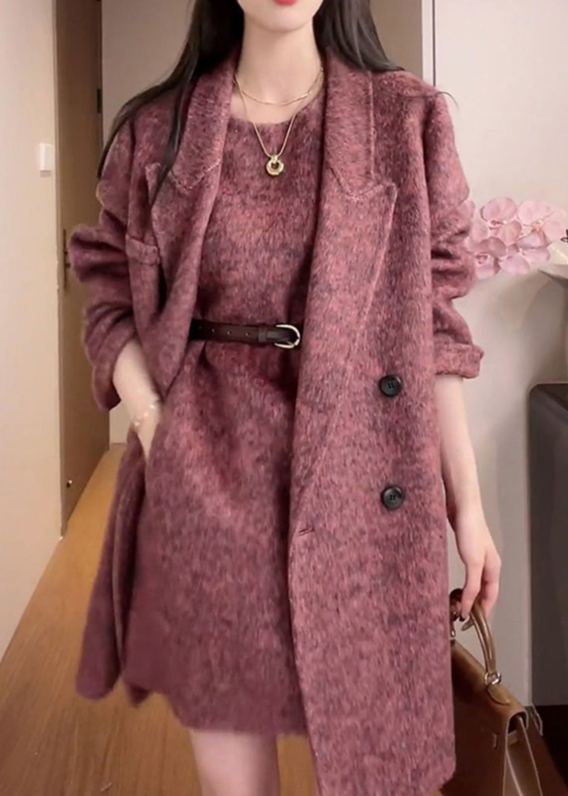 Fashion Purple Coat And Dress Woolen 2 Piece Outfit Winter RF015