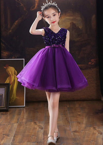 Robe mi-longue en tulle à paillettes et col en V violet pour filles, sans manches, EW005