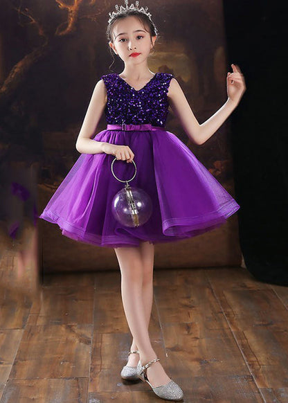 Robe mi-longue en tulle à paillettes et col en V violet pour filles, sans manches, EW005