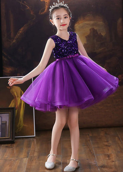 Robe mi-longue en tulle à paillettes et col en V violet pour filles, sans manches, EW005