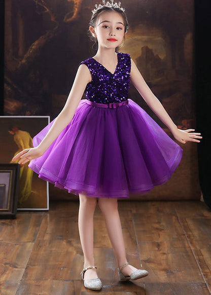 Robe mi-longue en tulle à paillettes et col en V violet pour filles, sans manches, EW005