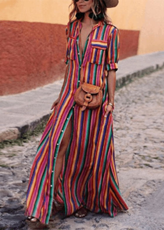 Fashion Rainbow Striped Button Tie Waist Maxi Shirts Dresses Summer AH528