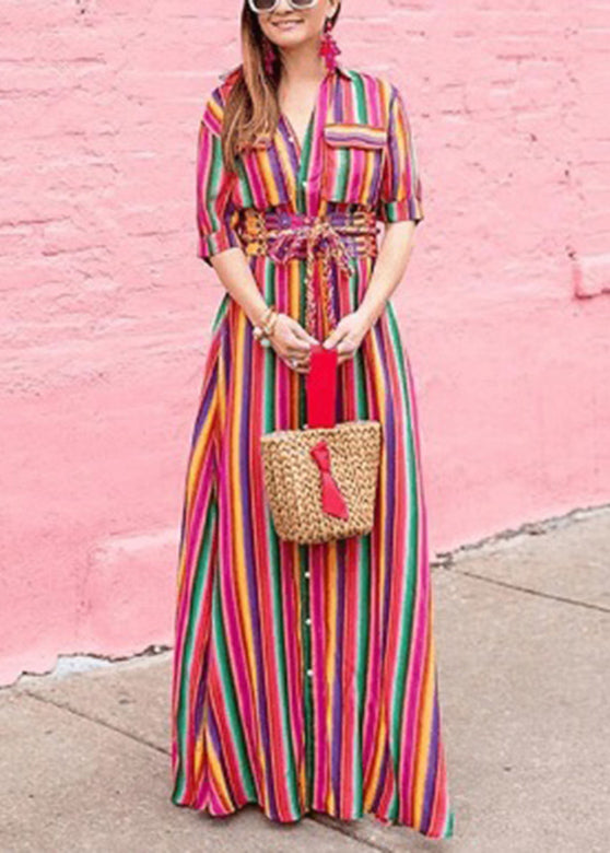 Fashion Rainbow Striped Button Tie Waist Maxi Shirts Dresses Summer AH528