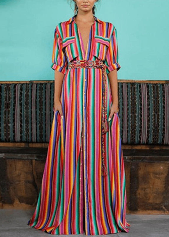 Fashion Rainbow Striped Button Tie Waist Maxi Shirts Dresses Summer AH528