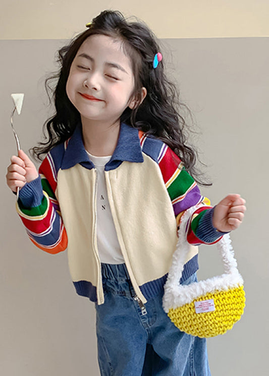 Cardigan en tricot de coton à rayures arc-en-ciel pour enfants, col Peter Pan, printemps TP029