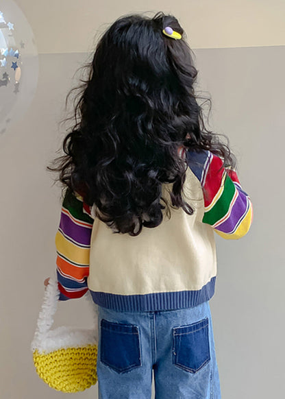 Fashion Rainbow Striped Peter Pan Collar Cotton Knit Kids Cardigan Spring TP029